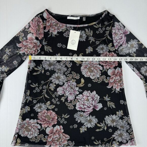 Linda Matthews Floral Print Blouse Top Flare Sleeve Mesh Overlay Size Small - Picture 6 of 8